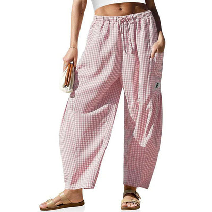 ⏰2026 Summer Hot Sale 50% OFF🌊✨Women's Wide Leg Gingham Striped Plaid Pants🏖️-Casual Barrel Loose Drawstring Pants with Pockets☀️